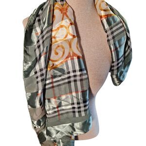 Vintage Silk Scarf Tartan Check Green Gold Square 39x39 Designer Look Baroque